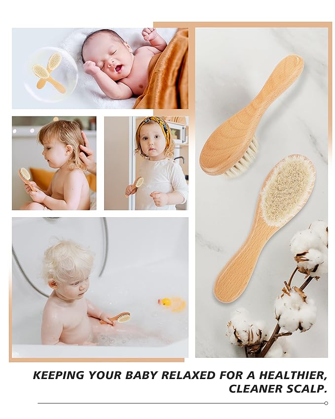 Baby Hair Brush, 2 Pcs Baby Hair Brush with Wooden Handle, Natural Soft Goat Bristles Cradle Cap Brush for Newborns & Toddlers