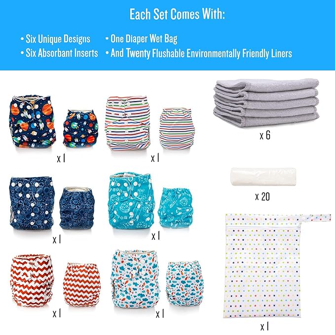 Simple Being Reusable Cloth Diapers, Double Gusset, One Size Adjustable, Washable Soft Absorbent, Waterproof Cover, Eco-Friendly Unisex Baby Girl Boy, six 4-Layers Microfiber Inserts (Space)