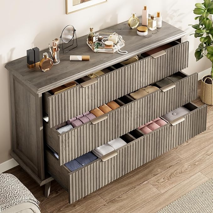 QUW Fluted Dresser for Bedroom with 6 Drawers, 47.2" Wide Modern Chest of Drawers with Metal Handle, Wooden Dresser TV Stand and Closet Clothes Storage Organizer for Living Room, Hallway, Grey