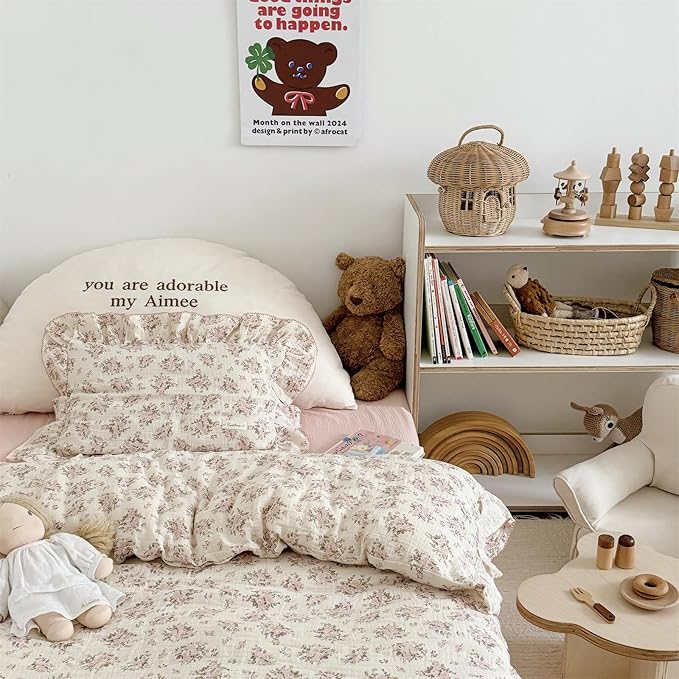 AOJIM Pink Floral Kids Toddler Pillowcase 1 Piece Super Soft Muslin Cotton Bedding Pillowcase with Ruffle Edges, Durable Nursery Pillowcase Aesthetic Print Kids Pillow Cover for Room Decor, 26X20 Inch