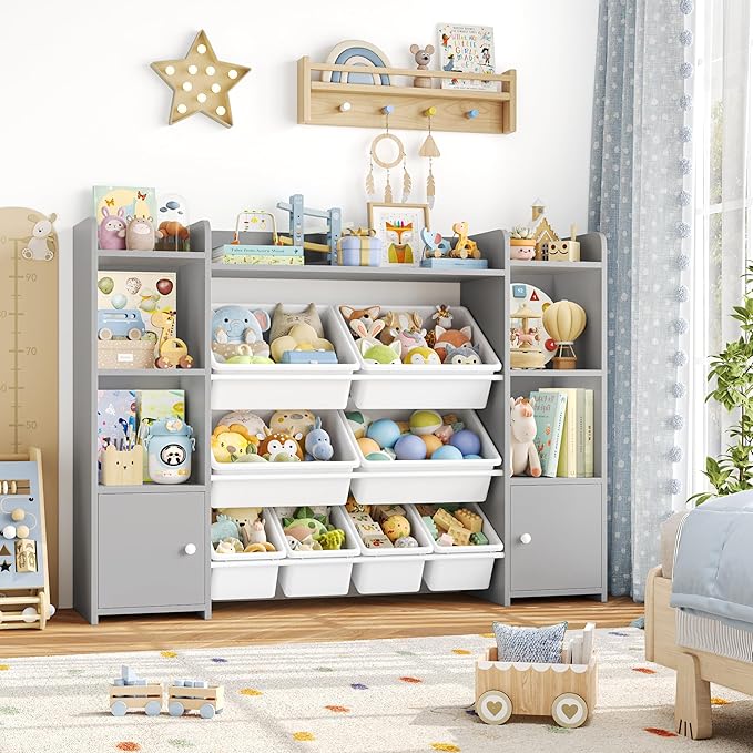FOTOSOK 55''Large Toy Storage Organizer with 8 Toy Bins, Toy Organizers and Storage with Shelf and 6 Storage Cubbies, Bookshelf for Kids, Playroom Organization and Storage Bins, Grey