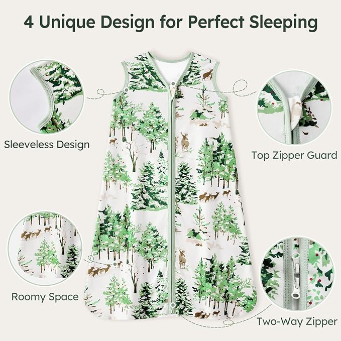 Baby Sleep Sack 12-18 Months 100% Cotton Lightweight 0.5 TOG Wearable Blanket Baby Sleep Bag with 2-Way Zipper for Infant Toddler Green Pine Tree