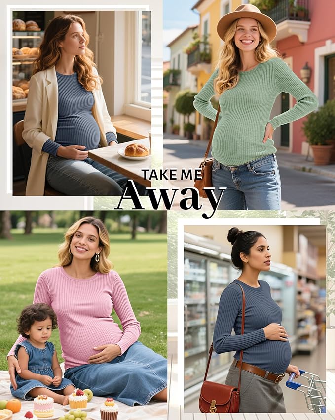Riyiper 3 Pack Women's Maternity Shirts Long Sleeve Ribbed Knit Pregnancy Tees Cotton Crewneck Tunic Clothes Casual Fall Tops