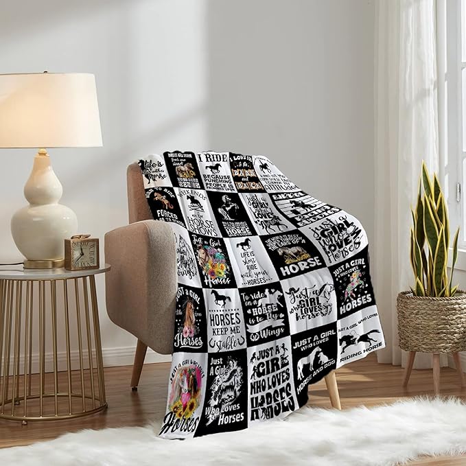 Horse Throw Blanket for Women Men Black White Blanket Gifts for Adults Animals Lightweight Blanket 60X80 Inches for Bed All Season