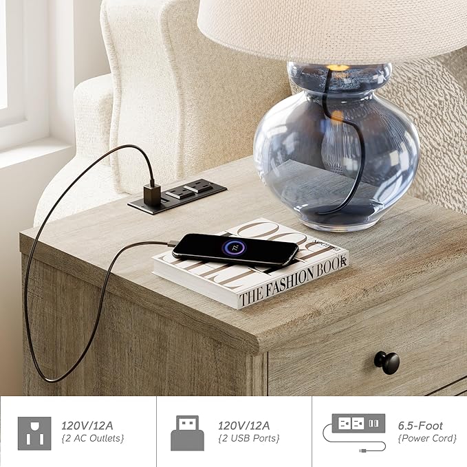 WAMPAT Grey Dresser for Kids Bedroom with 5 Drawers and 2 Storage Cabinet, Nightstands with Charging Station for Living Room, Mid Century Modern Baby Dressers with Wide Chest of Drawers for Nursery