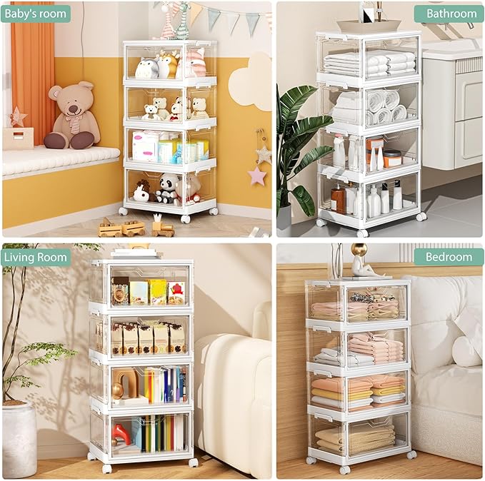 Clear Storage Bins with Lids,4 Tier Plastic Bins with Wheels,Stackable Storage Bin,Closet Organizers Box for Bedroom,Living Room,Toy,23 QT Folding Box with Magnetic door