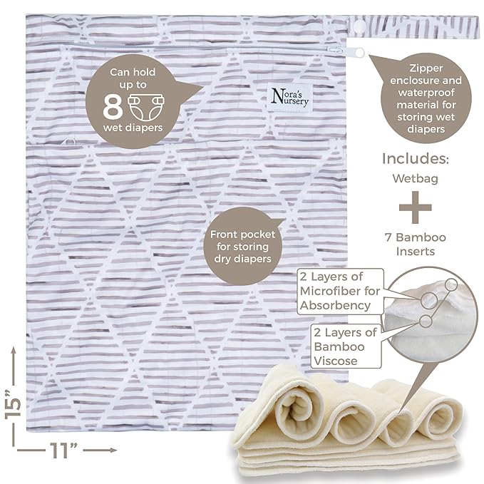 Nora's Nursery Cloth Diapers 7 Pack with 7 Inserts & 1 Wet Bag - Waterproof Cover, Washable, Reusable & One Size Adjustable Pocket Diapers for Newborns and Toddlers - PearFect