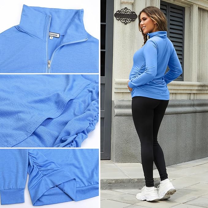 GINKANA Maternity Women's Long Sleeve Shirt Half Zipper Lapel Lightweight Casual Maternity Pullover with Pockets