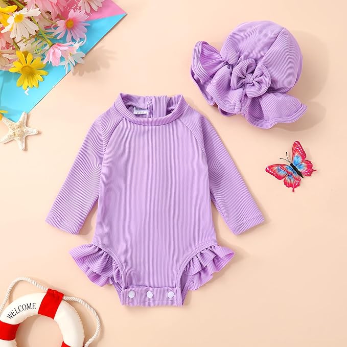 YOUNGER TREE Infant Baby Girls Swimsuit Long Sleeve Swimsuits One Piece Swimsuit Solid Color Bathing Suit with Hat, UPF 50+
