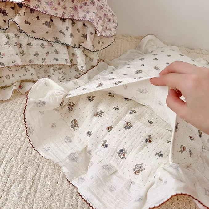 BuLuTu 100% Cotton Muslin Pillow Covers Fit for Kids Standard Size Pillow, Pansy Floral Print with Dots Pattern Children Ruffled Pillow Case, 1 pc, 20x26 Inch, Machine Washable