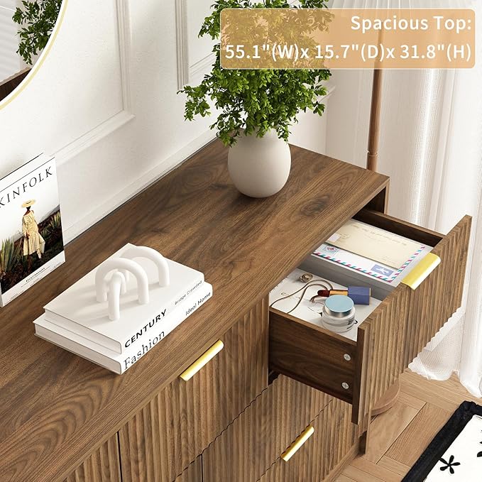 7 Drawers Dresser for Bedroom，55" Wide Fluted Dresser with Deep Drawers, Modern Chest of Drawers, Mid Century Wood TV Stand Storage Organizer for Closet, Living Room, Hallway, Natural