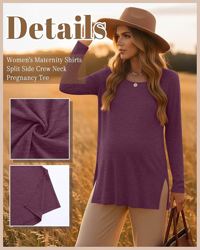 Riyiper 3 Pack Women's Maternity Long Sleeve T-Shirts Round Neck Side Split Tops Loose Casual Pregnancy Mama Clothes Fall