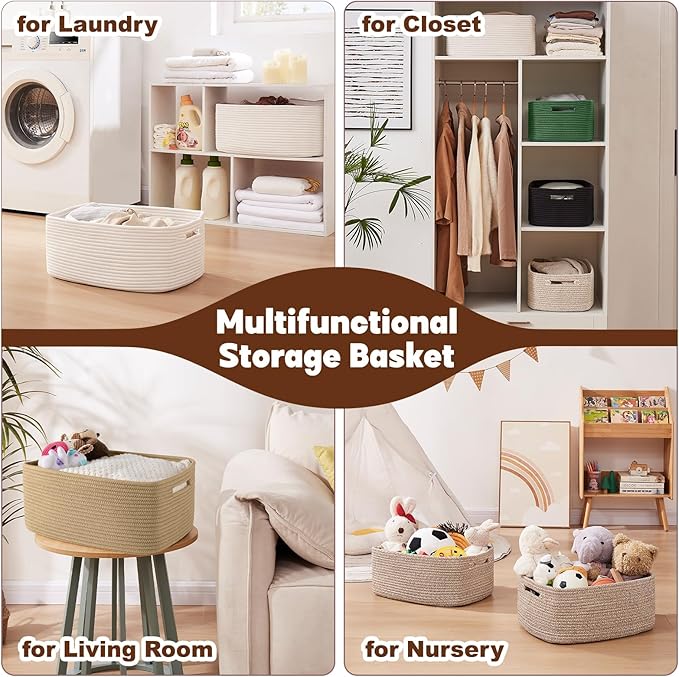 OIAHOMY Storage Basket for Shelves, Closet Cube Storage Bins Baskets for Clothes Blanket Towels, Baby Nursery, Toy Baskets Box, Woven Rope Basket, 15.75*11.81*7.09 IN, 2 Packs Olive Green