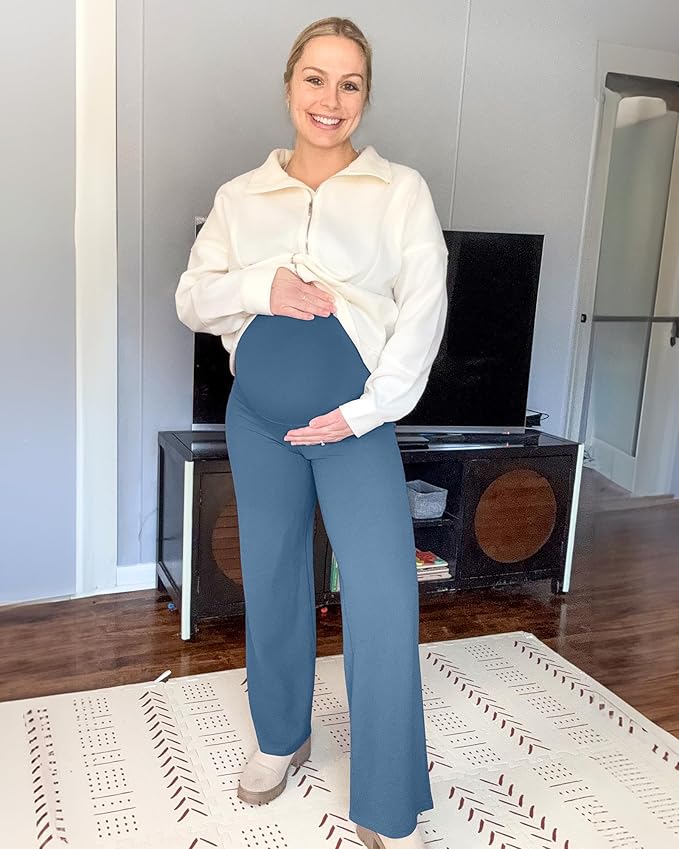 G4Free BareFeel Maternity Dress Yoga Pants Over The Belly Stretchy Work Slack Pregnancy Wide Leg Lounge Trousers