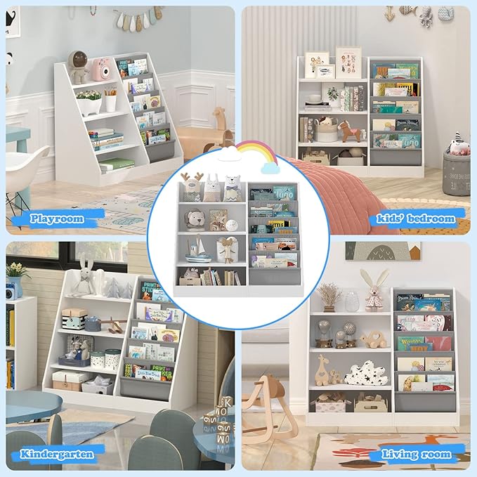 4 Tier Kids Wooden Bookshelf, 5 Layer Sling Toddler Bookcase,Baby Storage Book Rack,Book and Toy Organizer Cabinet,Children Book Display,Playroom Nursery Classroom Kid Room