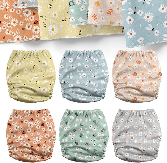 Mama Koala 3.0 Pocket Cloth Diapers for Babies with AWJ Lining, 6 Pack with 6 4-Layer Natural Cloth Diaper Inserts - Reusable and Washable Pocket Diapers(Garden Beetles)