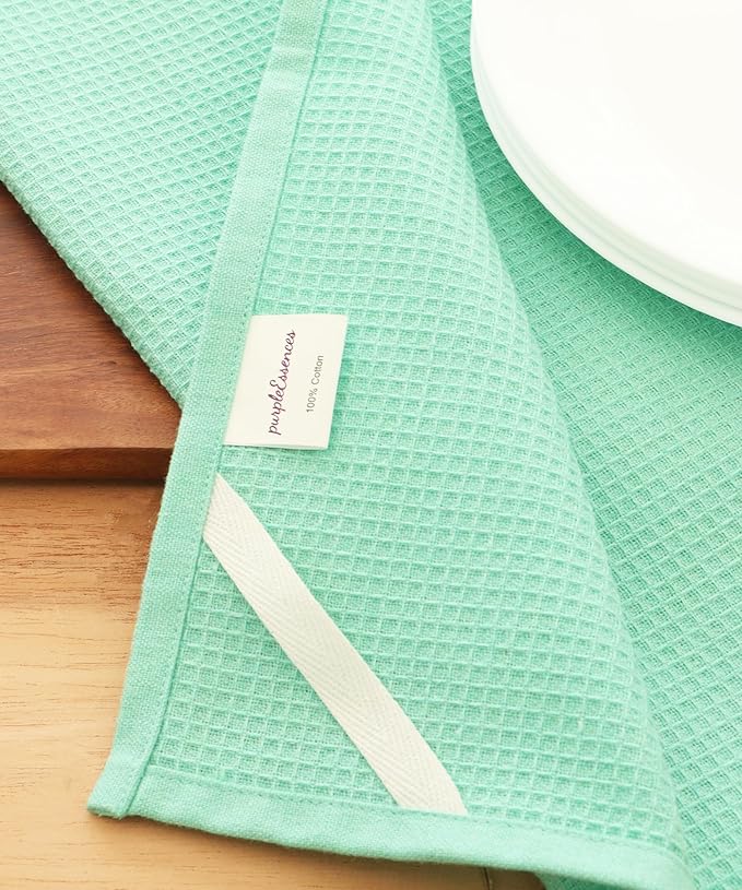 PurpleEssences Waffle Weave Kitchen Towel, 100% Cotton - 15 x 25 Inches, with Hanging Loop Ultra Soft Absorbent Quick Drying Dish Cloth, Tea and Hand Towels, 4 Pack - Fall Thanksgiving - Turquoise