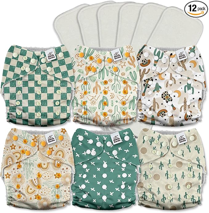 Mama Koala 3.0 Pocket Cloth Diapers for Babies with AWJ Lining, 6 Pack with 6 5-Layer Natural Cloth Diaper Inserts - Reusable and Washable Pocket Diapers(A-Desert Oasis)