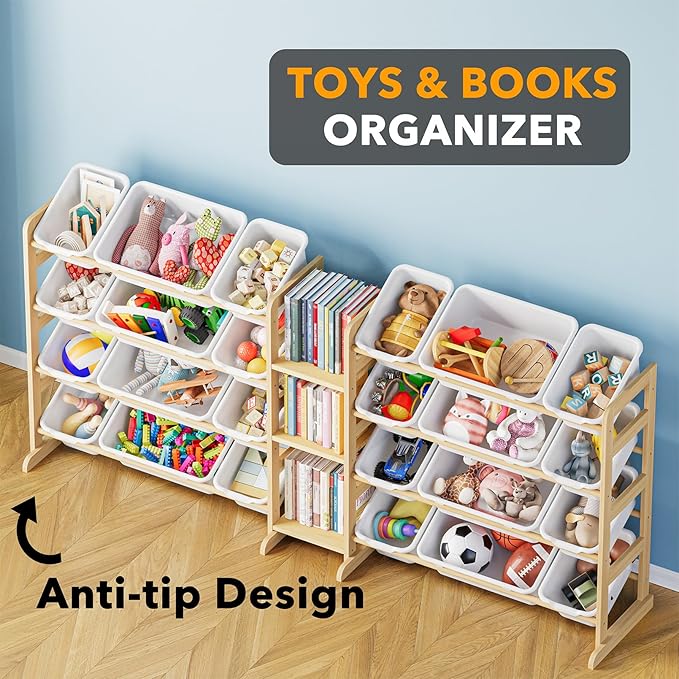 SpaceAid Large Toy Storage Organizer with 24 Bins and 3 Shelves, Toy Organizers Storage Bookshelf, Kids Bin Shelf Box Bookcase for Bedroom Playroom Organization Room Decor, White