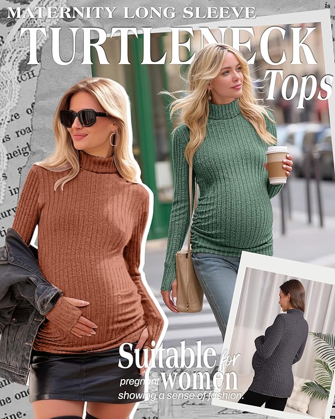 3 Pack Maternity T-Shirts Pregnancy Tops Women Sweater Long Sleeve Turtleneck Ribbed Finger Sleeve Outfits