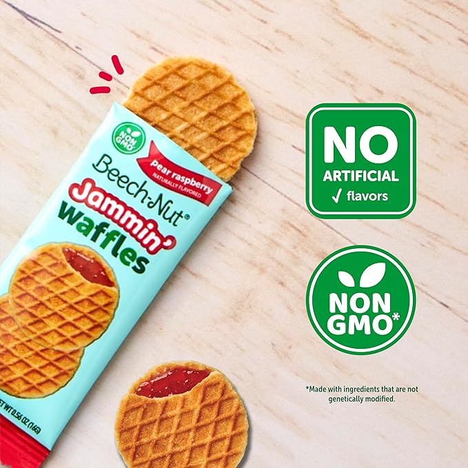 Beech-Nut Toddler Snacks Jammin' Waffles with Fruit Filling for Babies & Toddlers, Pear Raspberry, 10 Boxes (50 Individually Wrapped Packs)
