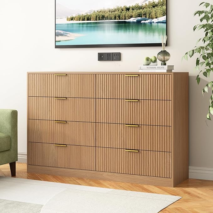 8 Drawer Dresser for Bedroom, Modern Fluted Double Dresser, 55" Wide Chest of Dressers, Mid Century Wooden Beside Table for Closet, Living Room and Entryway, Natural