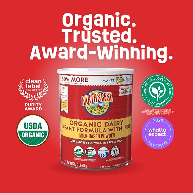 Earth's Best Organic Baby Formula for Babies 0-12 Months, Powdered Dairy Infant Formula with Iron, Omega-3 DHA, and Omega-6 ARA, 32 oz Formula Container