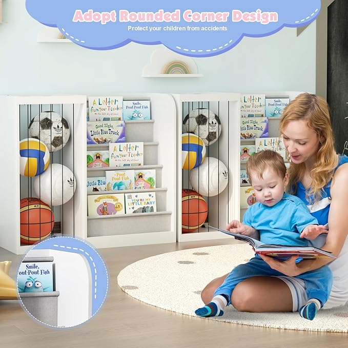 White Kids Bookshelf & Stuffed Animal Net Holder Plush Toy Storage Organizer Child Bookcase Toddler Baby Sling Book Rack for Playroom Bedroom Nursery Infant Boys Girls Classroom