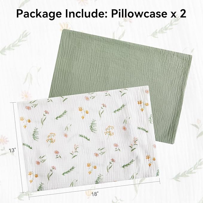 TILLYOU Muslin Toddler Pillowcase 2 Pack, 13x18 Soft Travel Cotton Pillow Case Kids for Boys and Girls, Daisy