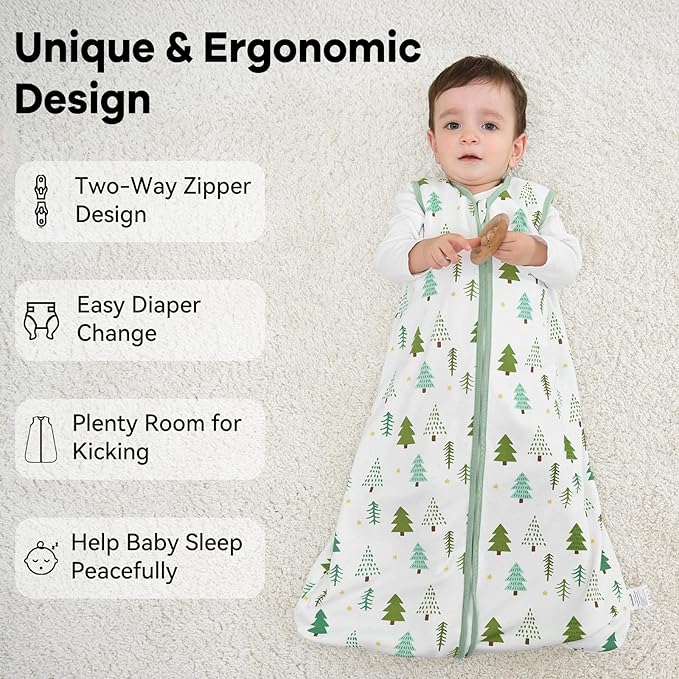 Baby Sleep Sack 0-6 Months 1.0 Tog Baby Wearable Blanket 100% Cotton Sleeping Sack with 2-Way Zipper for Infant Newborn Green Tree