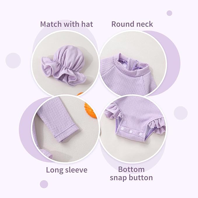 YOUNGER TREE Infant Baby Girls Swimsuit Long Sleeve Swimsuits One Piece Swimsuit Solid Color Bathing Suit with Hat, UPF 50+