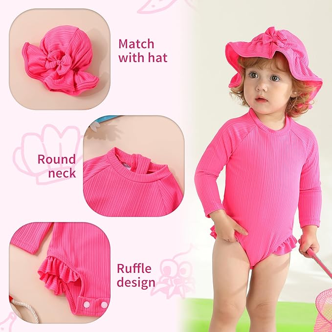YOUNGER TREE Infant Baby Girls Swimsuit Long Sleeve Swimsuits One Piece Swimsuit Solid Color Bathing Suit with Hat, UPF 50+