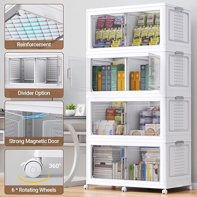 BROVIEW 600Qt Plastic Storage Bins with Lid and Wheels, 3Pack Extra Large Stackable Storage Bins with Dividers,Closet Organizers and Storage Cabinet Collapsible Box Shelves for Home Kitchen,White
