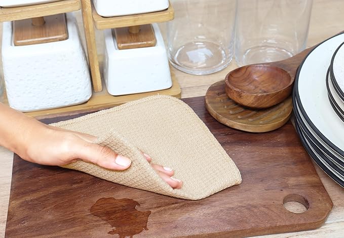 PurpleEssences Dish Cloths and Dish Rags - 6 Pack Waffle Weave Solid Kitchen Dish Wash Cloths, 100% Cotton, 12 x 12 Inches, Ultra Soft Absorbent Quick Drying Fall Thanksgiving - Beige