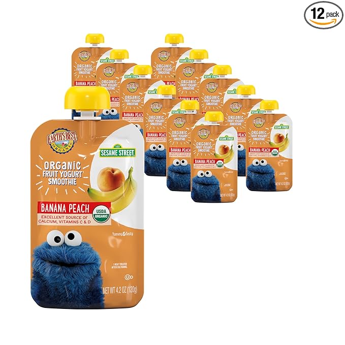 Earth's Best Organic Yogurt Smoothie Pouches, 24+ Months, Fruit Yogurt Smoothie for Toddlers 24 Months and Up, Banana Peach, 4.2 Ounce Resealable Pouch (Pack of 12)
