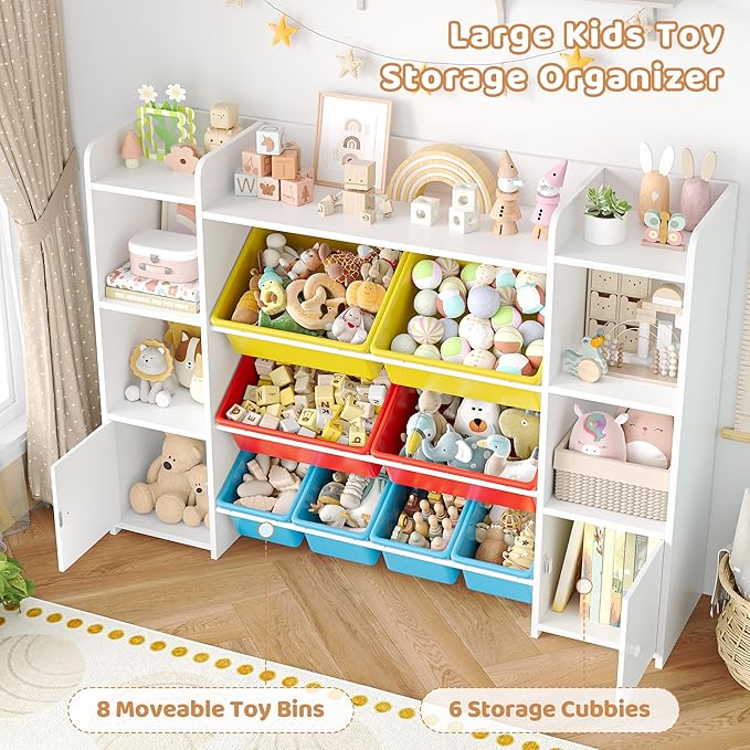 FOTOSOK 55''Large Toy Storage Organizer with 8 Toy Bins, Toy Organizers and Storage with Shelf and 6 Storage Cubbies, Bookshelf, Playroom Organization and Storage Bins, White/Red