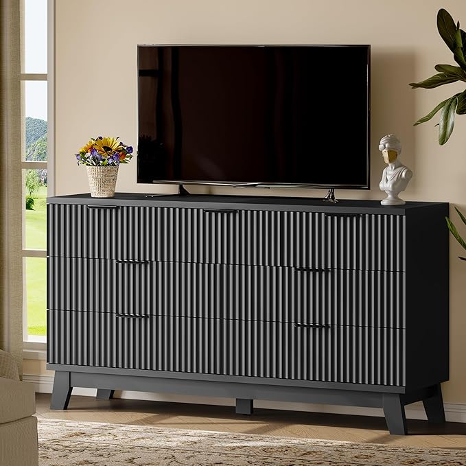 Fluted Dresser with 7 Drawers, 58" Wide Wood Chest of Drawers with Metal Handle, Wooden Dresser TV Stand, Modern Closet Clothes Storage Organizer for Bedroom, Living Room, Hallway, Solid Black