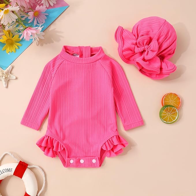 YOUNGER TREE Infant Baby Girls Swimsuit Long Sleeve Swimsuits One Piece Swimsuit Solid Color Bathing Suit with Hat, UPF 50+