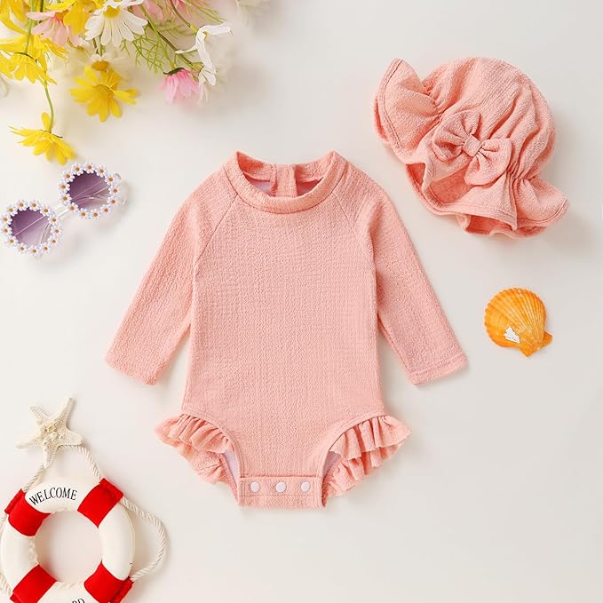 YOUNGER TREE Infant Baby Girls Swimsuit Long Sleeve Swimsuits One Piece Swimsuit Solid Color Bathing Suit with Hat, UPF 50+