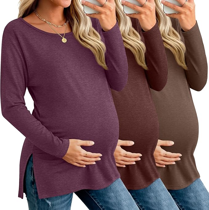 Riyiper 3 Pack Women's Maternity Long Sleeve T-Shirts Round Neck Side Split Tops Loose Casual Pregnancy Mama Clothes Fall