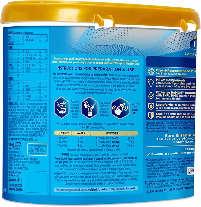 Enfamil Optimum (Enspire), Our Closest Formula to Breast Milk, Immune-Supporting Lactoferrin and Brain-Supporting DHA Baby Formula, Powder 20.5 Oz Tub, Pack of 4