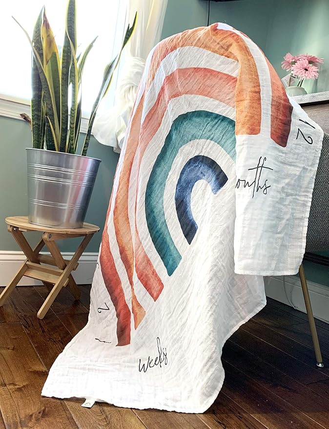 100% Organic Cotton Muslin Monthly Baby Milestone Blanket with Wooden Hello World Newborn Sign, Newborn Photography Props, Birth Announcement Sign, Rainbow