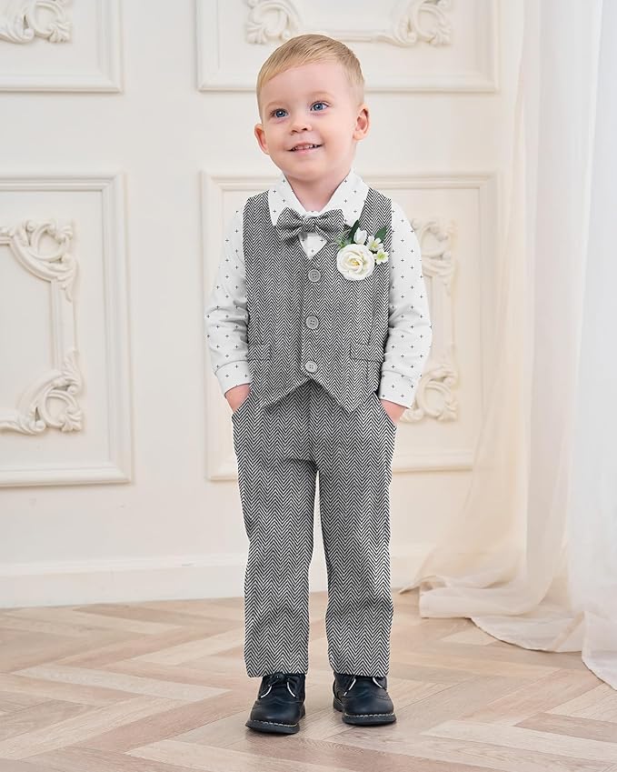 Coco&RARA Baby Boy Clothes Suits Infant Gentleman Outfits, Formal Dress Shirt+Vest+Corsage+tie+Pants Baby Suit Set 0-18M
