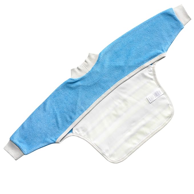 Kiddologic Bibit-all Baby Feeding Bib, Long Sleeves with Ribbed Cuffs and High Collar, Stretchy Pullover Smock, Soft Absorbent Terry, Waterproof Lining, Infant Boy 6-12 Months, Sky Blue Stripe