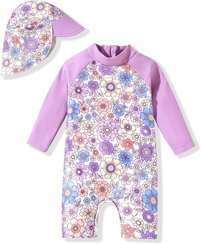 Aalizzwell Baby Girls Long Sleeve One Piece Bathing Suit with Hat