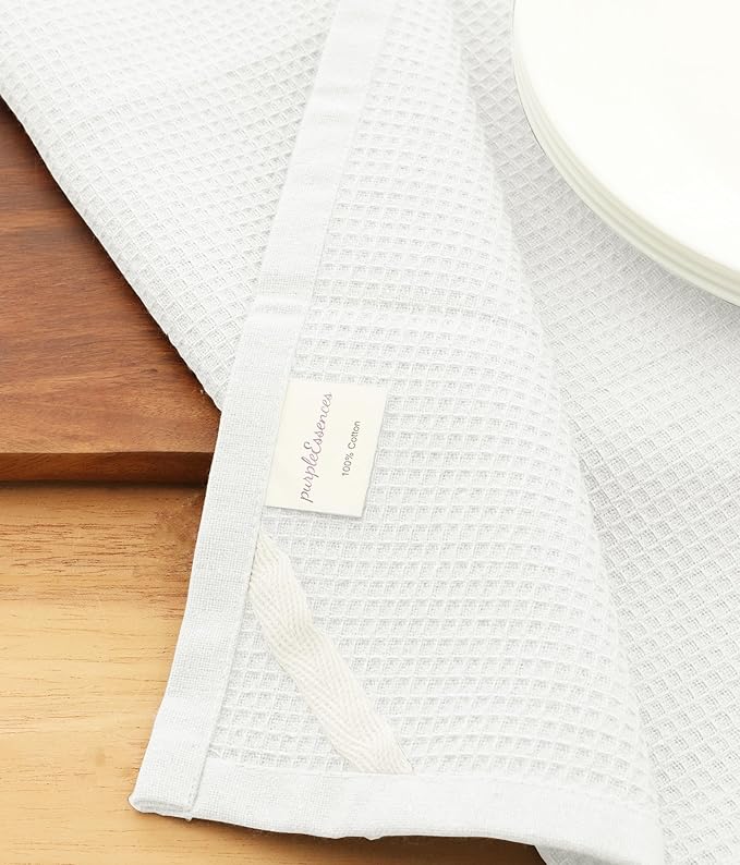 PurpleEssences Waffle Weave Kitchen Towel, 100% Cotton - 15 x 25 Inches, with Hanging Loop Ultra Soft Absorbent Quick Drying Dish Cloth, Tea and Hand Towels, 4 Pack - Fall Thanksgiving - White