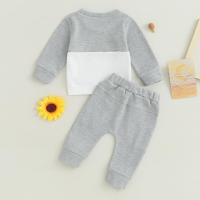 Toddler Baby Boy Fall Clothes Waffle Contrast Color Sweatshirt Pants Sets Infant Winter Outfits 6 12 18 24 Months