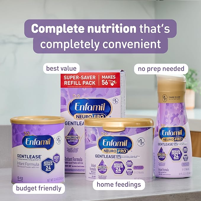 Enfamil NeuroPro Gentlease for easing Fussiness, Crying, Gas, Spit-up in 24 Hrs, Smaller Proteins for Easy Digestion, Brain Supporting DHA, HuMO6* Immune Blend, Baby Formula, 19.5 Oz, 4 Count