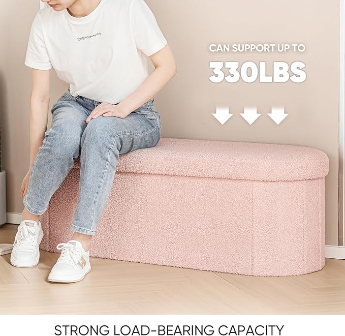 B FSOBEIIALEO Ottoman with Storage for Living Room, Sherpa Folding Storage Ottoman Foot Rest, 43.3 Inches Collapsible Bedroom Bench Pink