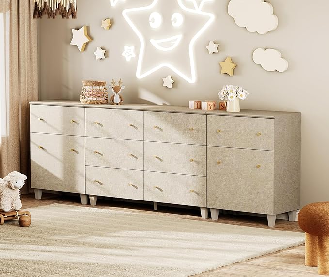 WAMPAT Dresser with 2 Doors & 8 Drawers for Bedroom, 2-in-1 Wood Chest of Drawers, 94.4" Wide Modern Closet Storage Organizer with Adjustable Shelves for Kids Room, Beige Linen Printed Finish